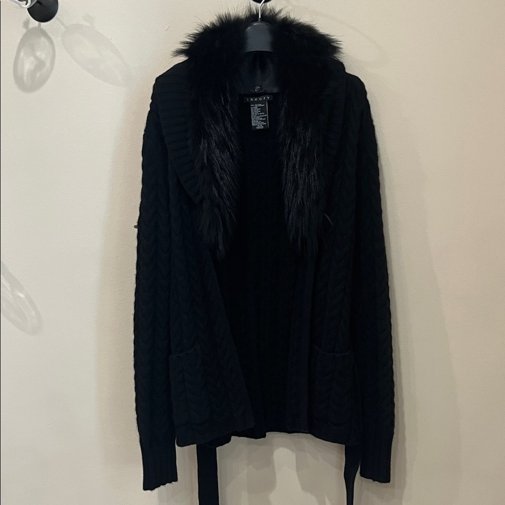 Theory Black Wool-Cashmere Blend Cardigan with Removable Faux Fur Collar